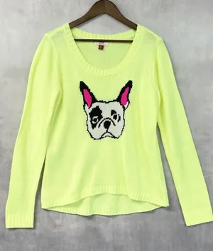 LEI Neon Yellow Sweater XL French Bulldog Dog Graphic Knit Dopamine Kitsch Twee thumbnail 1