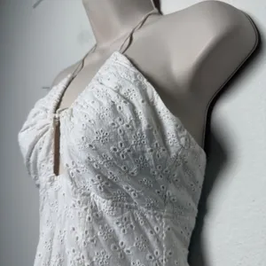 Tiger Mist Women Cotton Eyelet Halter Mini Dress Small White Ruched Boho‎ Resort thumbnail 5