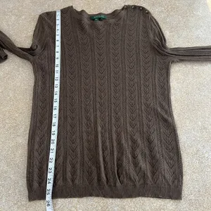 Ralph Lauren Silk Cashmere Sweater Womens‎ Large Green Brown Pointelle Open Knit thumbnail 2