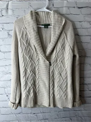 Eddie Bauer Cream Cable Knit Zip-Up Shawl Cardigan size large thumbnail 2