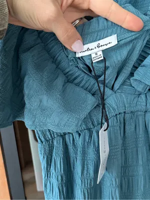 Anthropologie Teal maxi dress textured flutter short sleeve vneck ruffle tiered la la free-est thumbnail 3