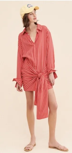 Bardot Malira Mini Shirt Dress US 4 Red White Striped Tie Front Preppy Vacation thumbnail 1