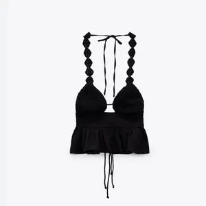 Zara Black Halter Sleeveless Crochet Open Knit Peplum Blouse Cami Top Size M thumbnail 4