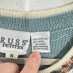 Russ Petites Blue Sweater Vest Women's Size S Floral Motif Leopard Trim‎ Knit thumbnail 4