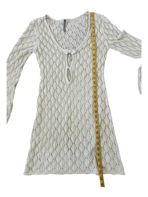 Streetwear Society Crochet Knit Mini Dress Beige Bell Sleeve Size L thumbnail 7
