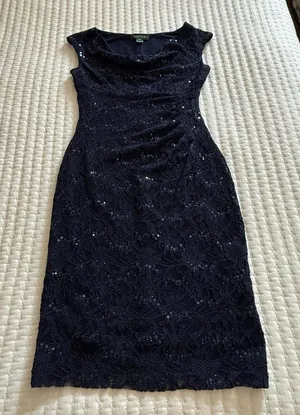 Lauren Ralph Lauren Blue Sequin Lace Ruched Sheath Cocktail Dress Sz 4 thumbnail 1