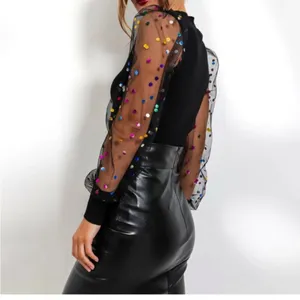 - New puff sleeves statement top sheer sleeves polka dot print bodysuit L thumbnail 12