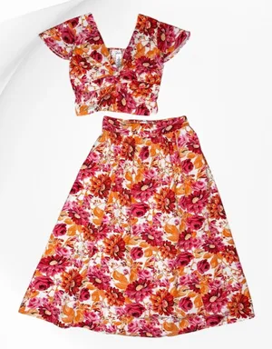 Japna Floral 2 Piece Crop Top Midi Skirt Set Women SM Boho Tropical Feminine Fun thumbnail 1