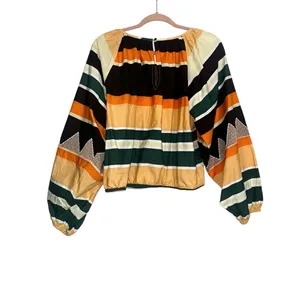 Anthropologie Maeve Clea Striped Long Puff Sleeve Cotton Peasant Blouse MEDIUM thumbnail 3