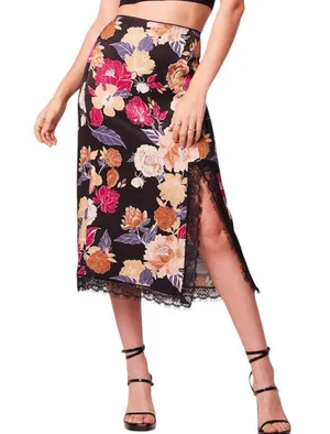 New Band of the Free Floral Print Lace Slit Slip Midi Skirt Black Multi Size XS thumbnail 1