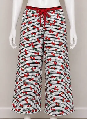Jockey‎ Womens Pajama Pants Large Cherry Print Striped Wide Leg Sleepwear New thumbnail 1