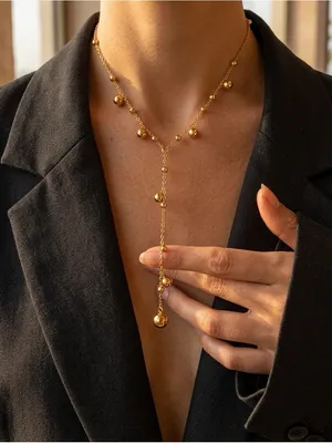 18K Gold Plated Y Lariat Stainless Steel Ball Chain Womens Necklace thumbnail 2