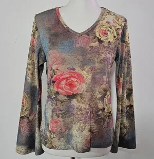 Vintage Xcit USA 90s Blue Mult Floral Mesh Vneck Bell Sleeve Blouse Size Medium thumbnail 1