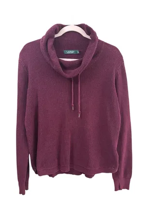 Lauren Ralph Lauren Women’s Burgundy Ribbed Cowl Neck Sweater L thumbnail 1