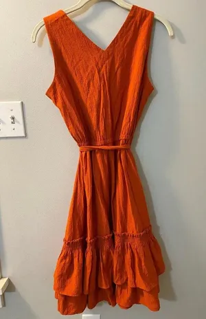 Burnt Orange Calvin Klein Dress v-neck sleeveless fit and flare ruffle thumbnail 3