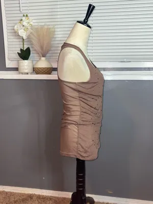 Brown Rhinestone Ruched Mesh Back Tank Top Size Large – Y2K Going Out thumbnail 5