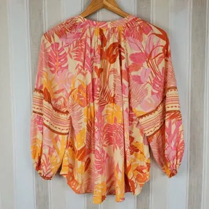Size S Tropical Floral Bohemian Peasant Style Blouse With Tassels thumbnail 9