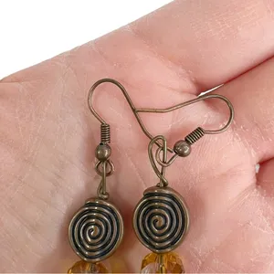 Natural Stone & Antiqued Brass Swirl Amber Faceted Bead Dangle Pierced Earrings thumbnail 7