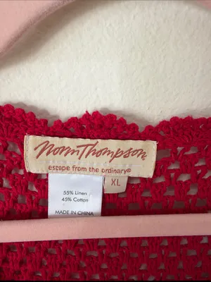 Norm Thompson red linen cotton, crochet knit, 3/4 sleeve sweater cardigan XL thumbnail 9