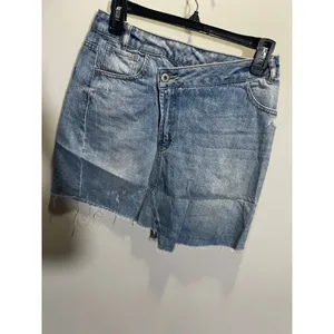 Puella Denim Light Wash M Asymmetric Crossover Waist Raw‎ Hem Mini Skirt NWT thumbnail 2