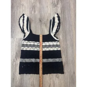Loft Crochet Knit Ruffle Sleeve Striped Tank Black White Square‎ Neck Size Small thumbnail 3