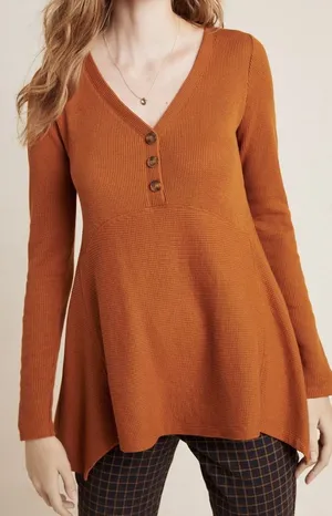 Anthropologie Maeve Eliza Henley Babydoll Tunic Top Brown Waffle Knit‎ Boho thumbnail 1