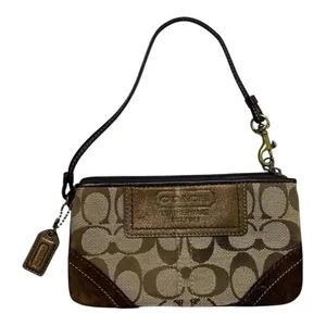 Tan Brown Coach Signature Wristlet Mini-Bag Pochette Purse Wallet thumbnail 1