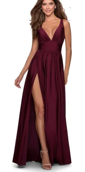 La Femme Plunge‎ Neck A-Line Gown 2 Burgundy 28547 Jersey thumbnail 1