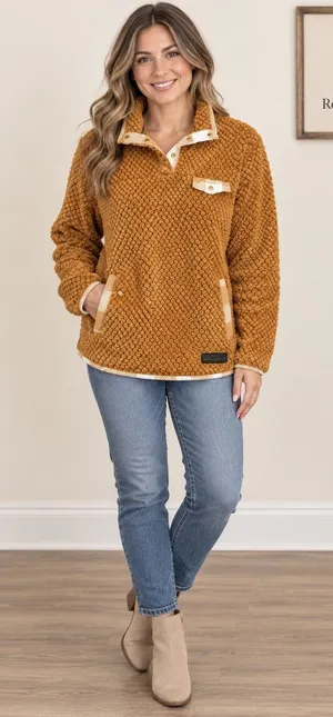 Simply Southern Mustard Yellow Popcorn Sherpa Fleece Snap Pullover Large thumbnail 1