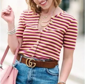 Maeve Anthropologie Ribbed Stripped Button Top thumbnail 1