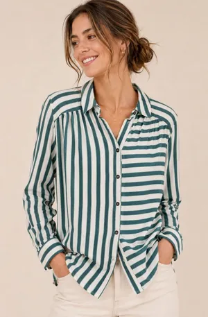 Maeve Anthropologie Green White Striped Button Down Shirt Long Sleeve Small thumbnail 1