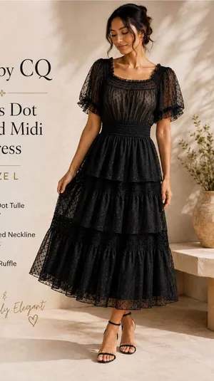CQ by CQ Black Swiss Dot Tiered Dress Size L Whimsygoth thumbnail 1