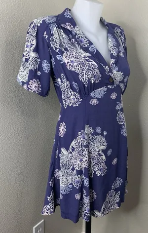 FREE PEOPLE Womens Sz S Floral Blue Hawaii Mini Fit & Flare Dress Pockets *Flaw thumbnail 1