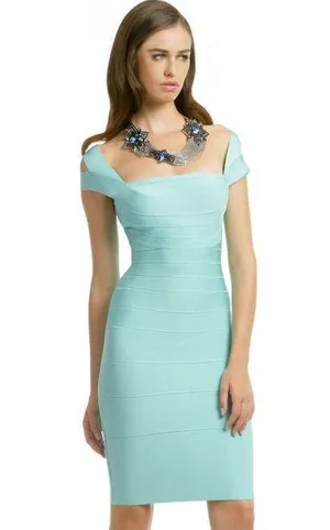 HERVE LEGER Seafoam Turquoise Bardot Blue Bandage Mini Dress thumbnail 1