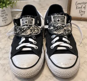 Converse Women’s Black & White Low Top Sneakers with Patterned Tongue thumbnail 1
