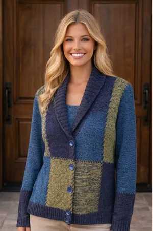 Vintage Patchwork Knit Cardigan Allison Daley Shawl Collar Quiet Luxury Boho L thumbnail 1