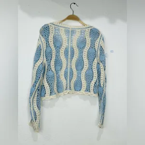 Elegant Blue and Cream Crochet Blouse thumbnail 5