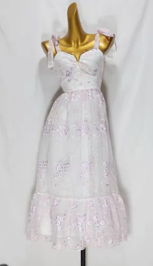 LULUS Distinctly Sweet White Floral Embroidered Tie Strap Midi Dress thumbnail 5
