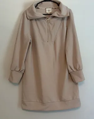 NWT Umgee Large Cream Tan Sweater Dress Tunic Long Sleeve Collar‎ 1/4 Zip Ribbed thumbnail 1