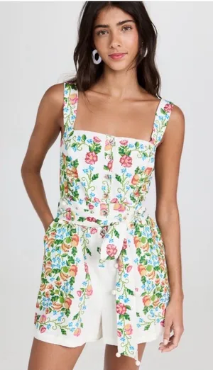 Farm Rio Tropical Romance Floral Linen Blend Romper Size Large thumbnail 1