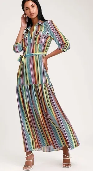 Lulus Marvel Light Blue Multi Striped Maxi Dress Womens Small Tie Waist thumbnail 1