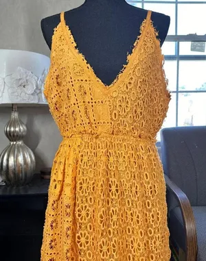 BHLDN x Free People Robinne Crochet Lace Maxi Dress Boho Yellow Orange Size M thumbnail 6