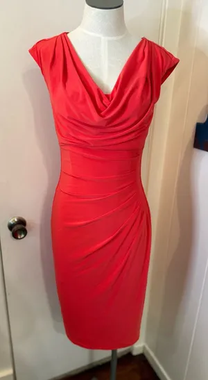 Lauren Ralph Lauren Red Draped Cowl Midi Dress Sz 2 thumbnail 1