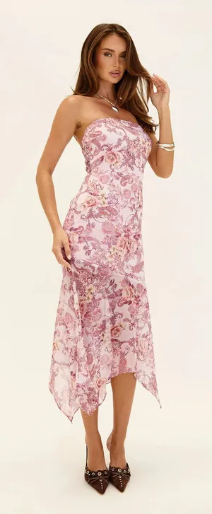 Princess Polly Coralis pink paisley strapless asymmetric midi dress thumbnail 1