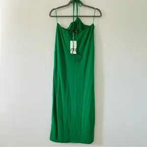 Zara Green Twist Front Halter Sleeveless Midi Seersucker Slip Dress NWT Large thumbnail 3