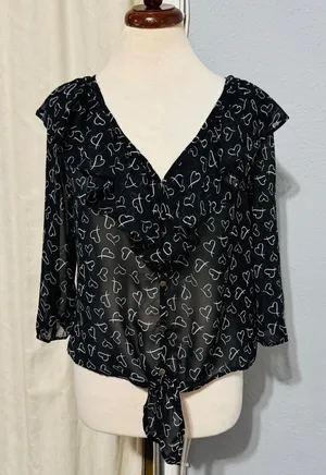 Timing Black Sheer Heart Print Ruffle Tie Front Blouse Top Women Sz L‎ Celestial thumbnail 1