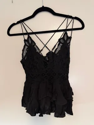 Free People Adela Black Lace Ruffle Camisole with Crisscross Straps thumbnail 4