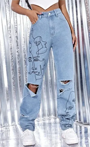 SHEIN Light Blue Boyfriend Jeans with Abstract Line-Face Print thumbnail 1
