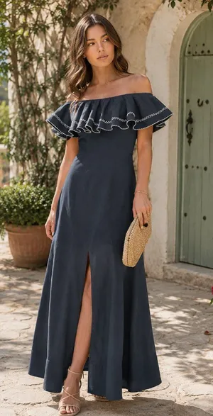 C/meo Affinity Ruffle Contrast Topstitch Maxi Gown Dress Black Size M thumbnail 1