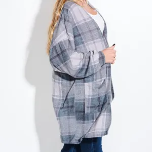 Boho Chic Plaid Rustic Green Pockets Loose fit Open Cardi Cuff Sleeve Duster thumbnail 5